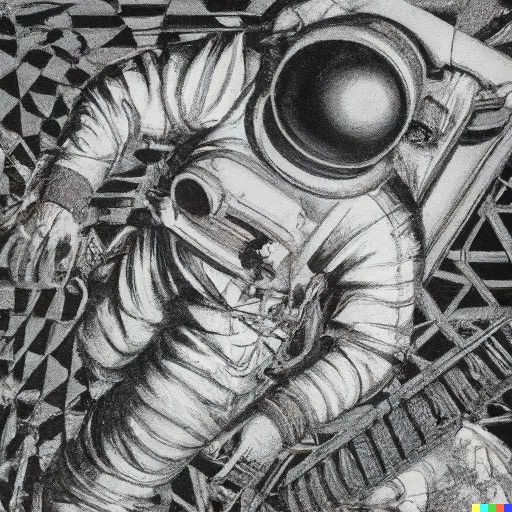 an astronaut, lithography by Escher